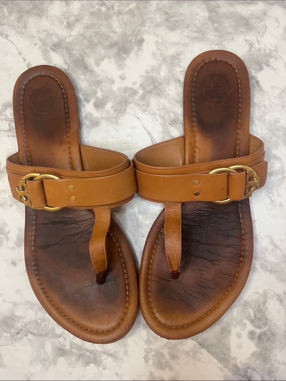 Tory Burch Tan Leather Buckle Thong Sandals